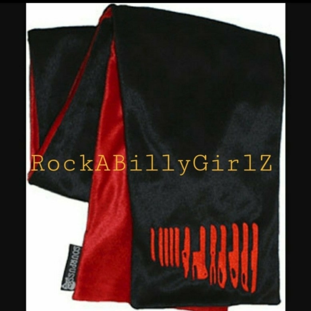 NWT Sourpuss 54" Long Black & Red Reversible Faux Fur Scarf w Embroidered Knives